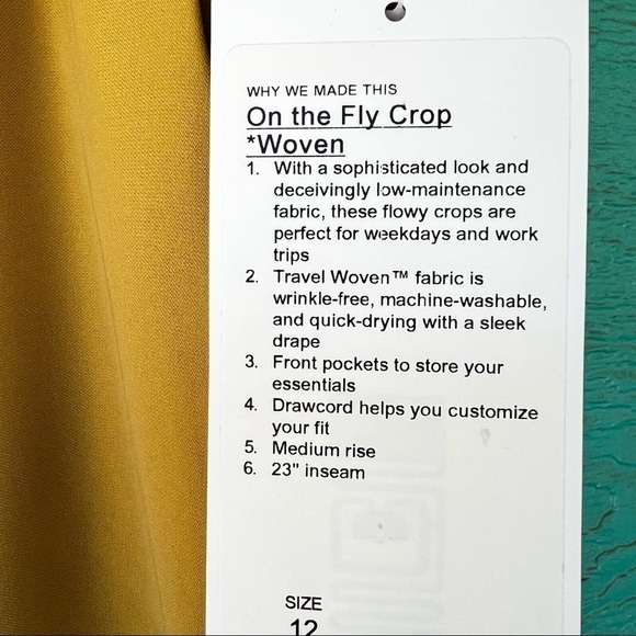 LULULEMON ON THE FLY CROPPED WOVEN CAPRI PANTS VINTAGE MUSTARD GOLD SIZE 12 NWT - Picture 10 of 10